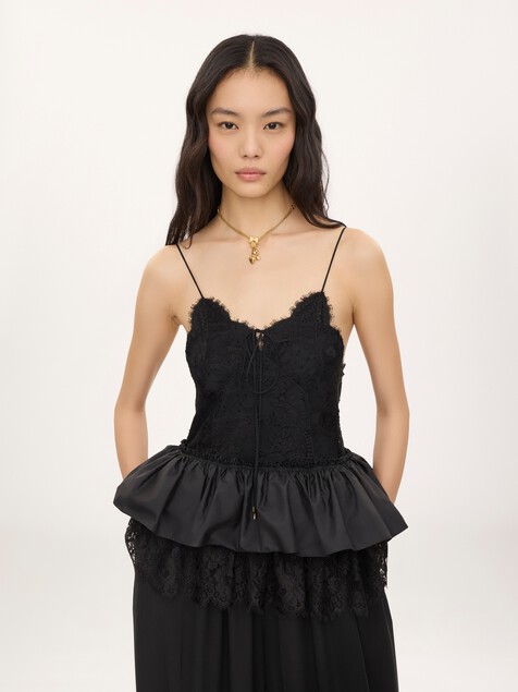 Thin-strap ruffle top in technical taffeta & lace