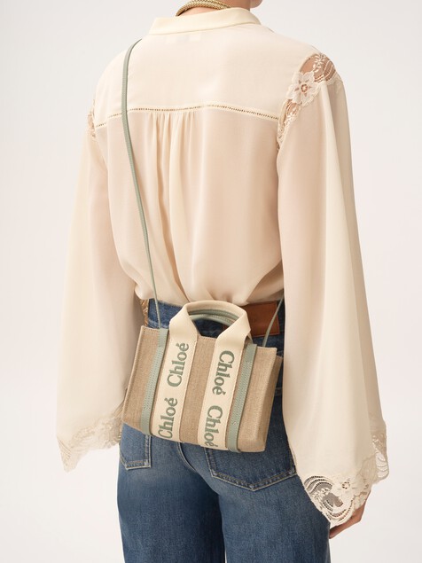 Mini Woody tote bag in linen & leather