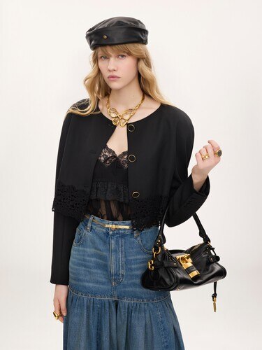 Collarless cropped jacket in wool grain de poudre & lace - 4