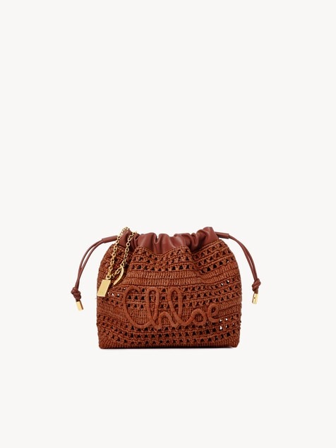 Mini Summer Banana drawstring shoulder bag in raffia