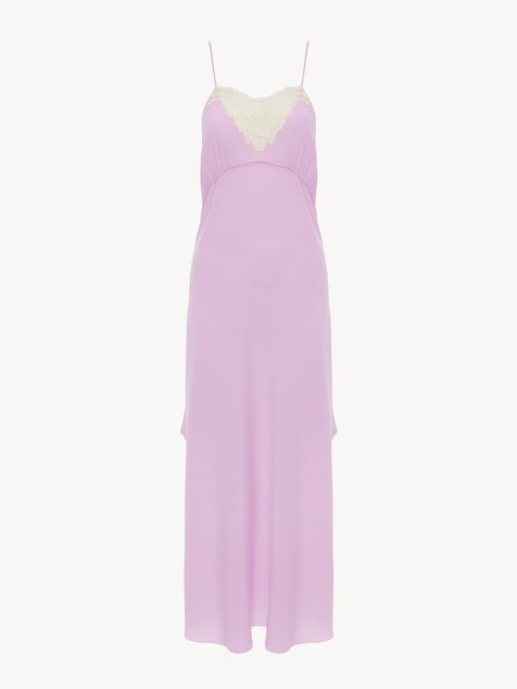 Thin-strap midi dress in cr&ecirc;pe de chine & lace