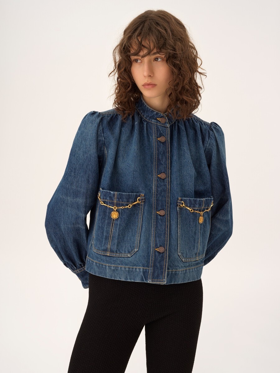 Chaqueta fruncida de cuello alto y tejido vaquero - 3