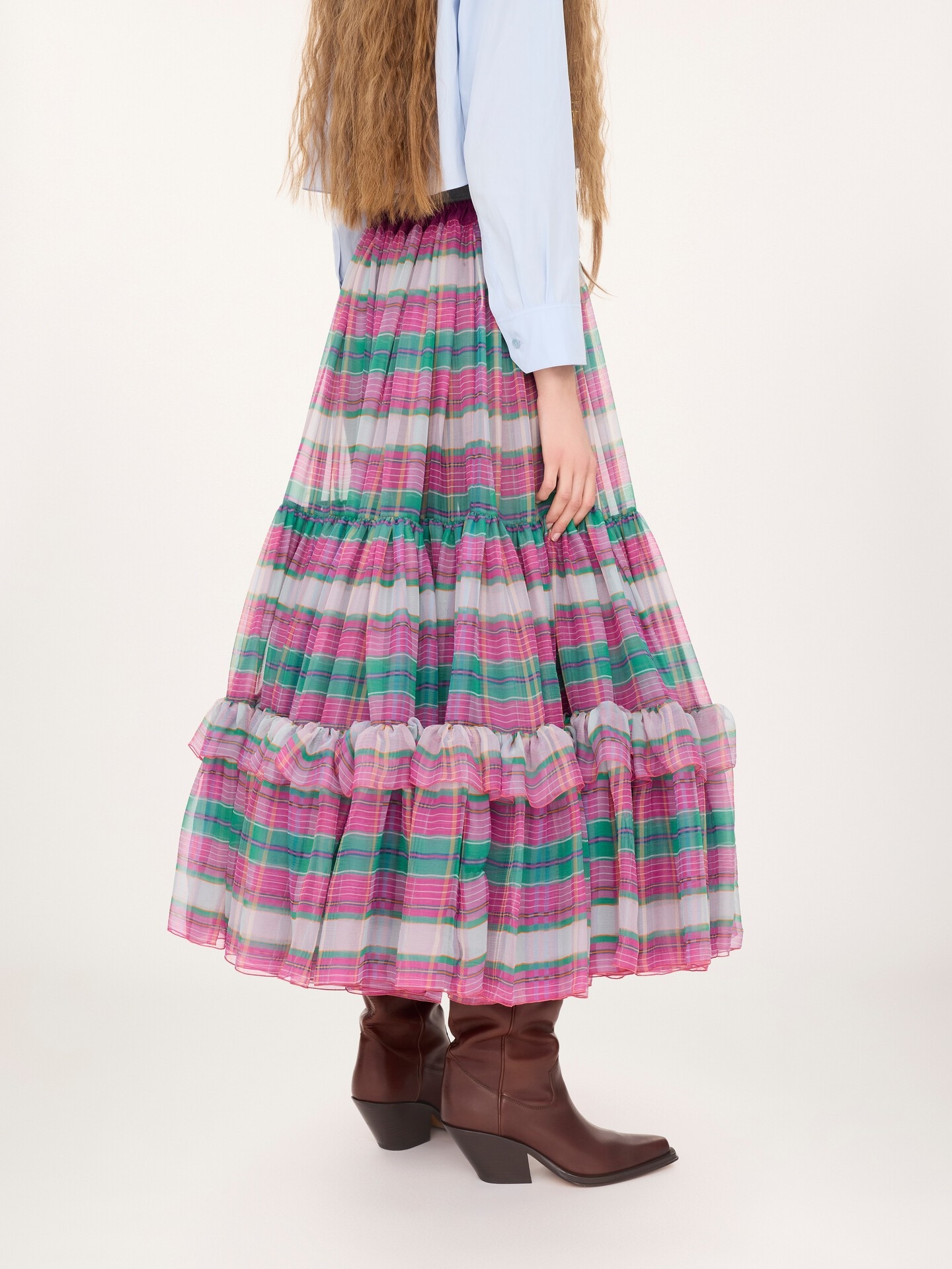 Ruffled long skirt in check silk mousseline - 4.0