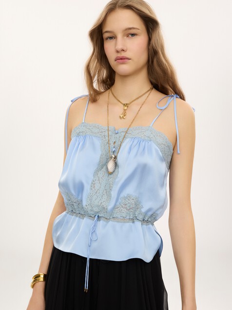 Camisole top in washed silk satin & lace