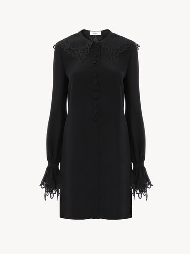 Long-sleeve mini dress in cr&ecirc;pe de chine & lace - 2