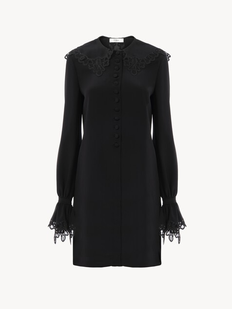 Long-sleeve mini dress in cr&ecirc;pe de chine & lace