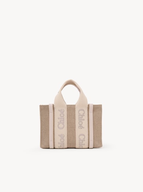 Mini Woody tote bag in linen & leather