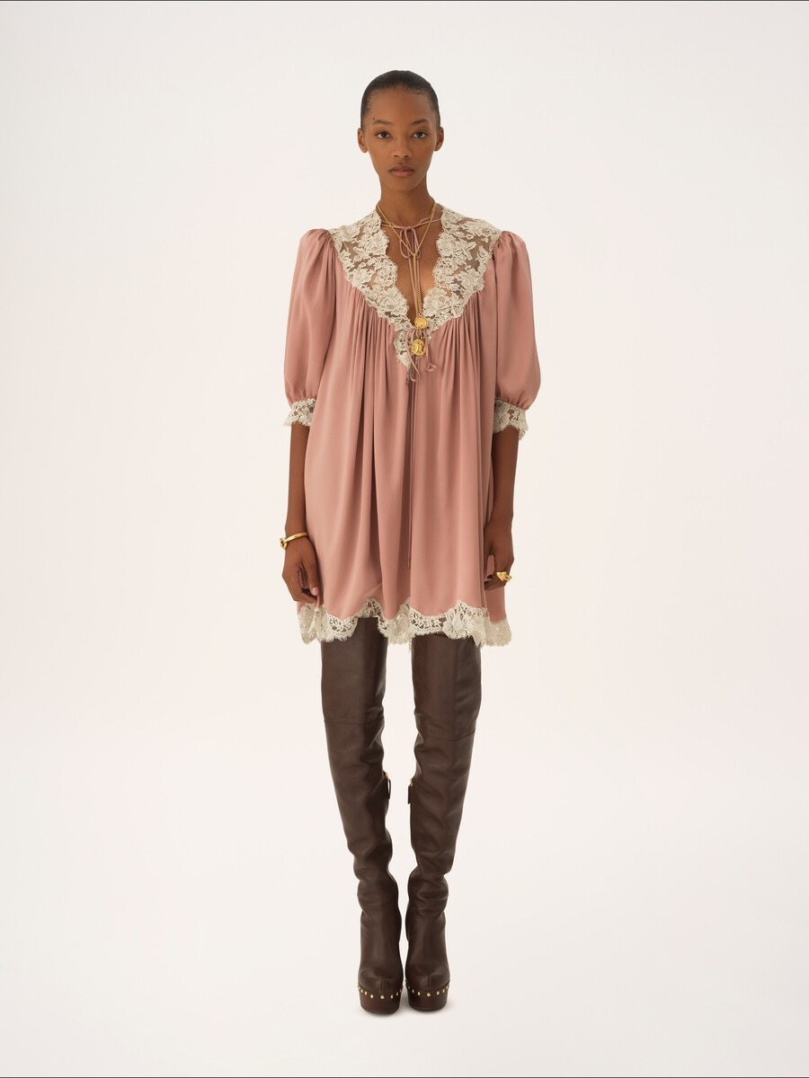 Gathered V-neck mini dress in washed silk satin & lace - 1
