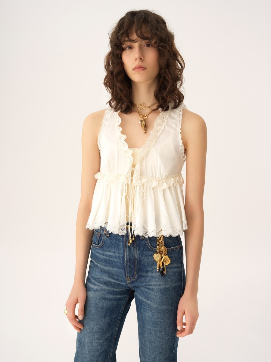 Tie-front sleeveless top in washed silk satin & lace - 3