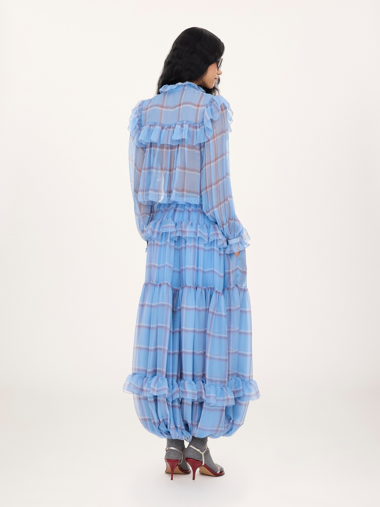 Ruffled top in check silk mousseline - 4.0