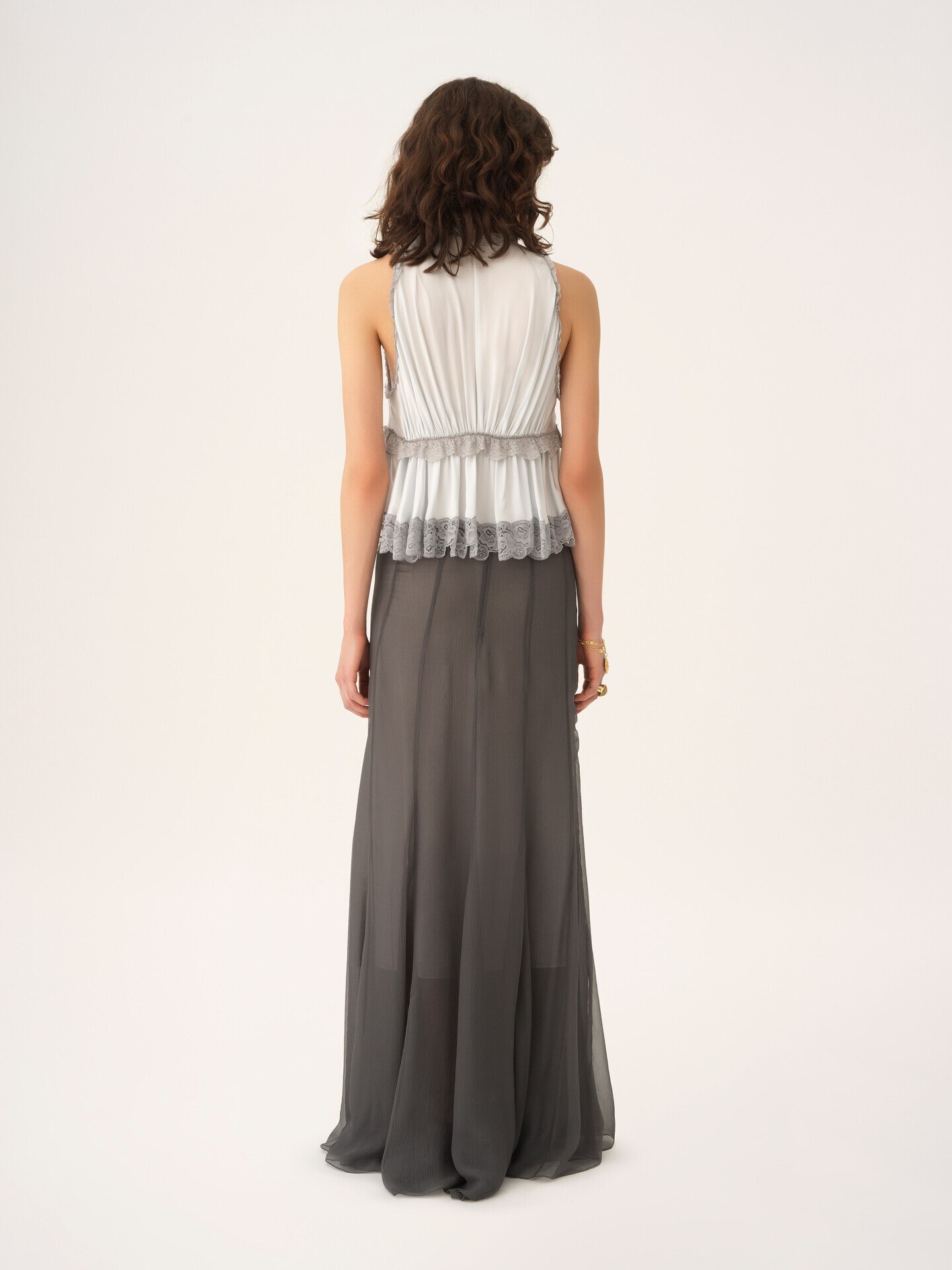 Tie-front sleeveless top in washed silk satin & lace - 4.0