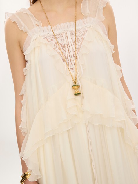 Sleeveless layered long dress in silk mousseline & lace