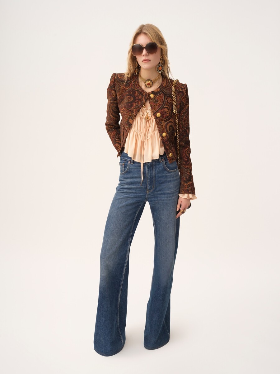 Scoop-neck cropped top in silk georgette & lace - 1