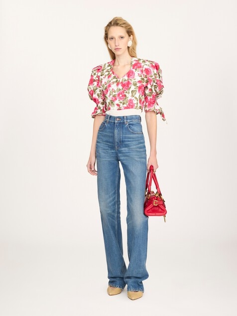 Top cropped con mangas abullonadas de popelina de algod&oacute;n