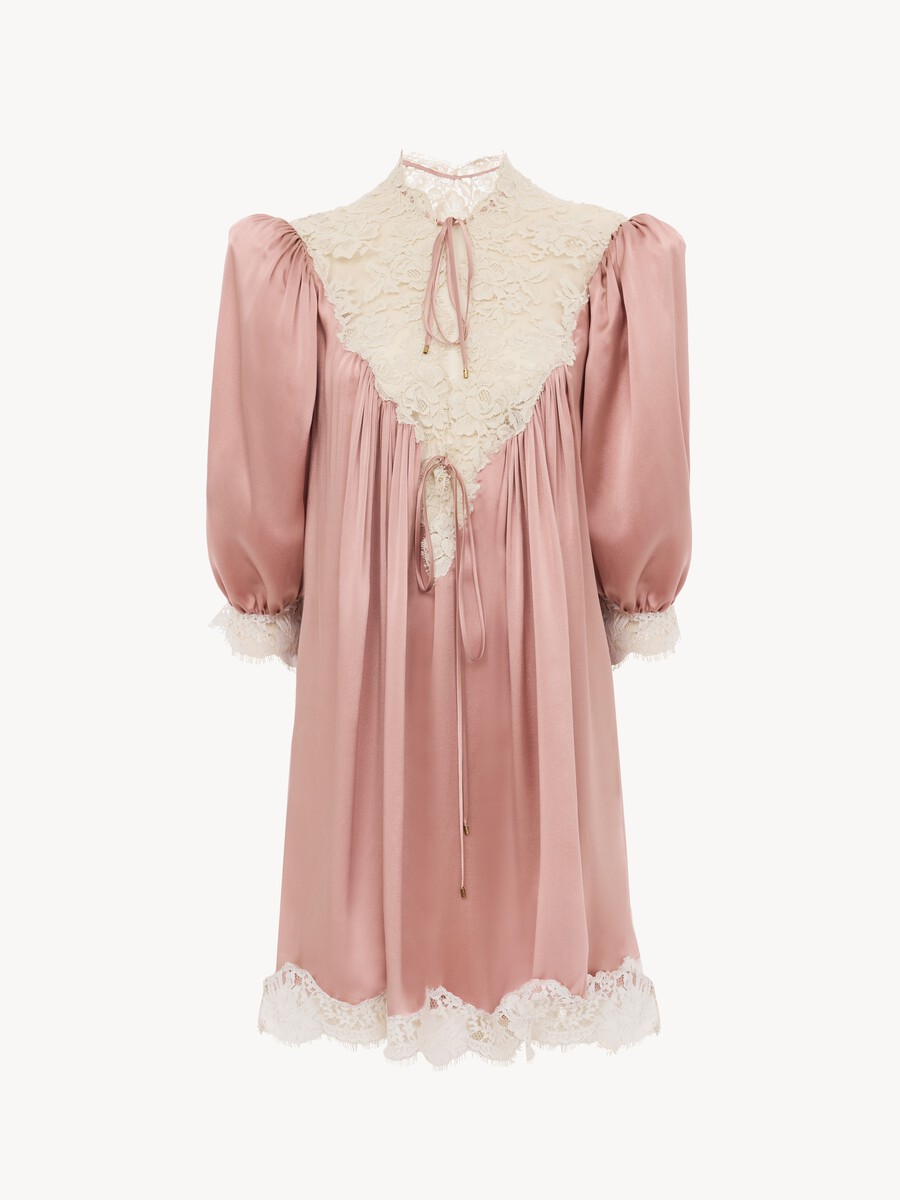 Gathered V-neck mini dress in washed silk satin & lace - 2