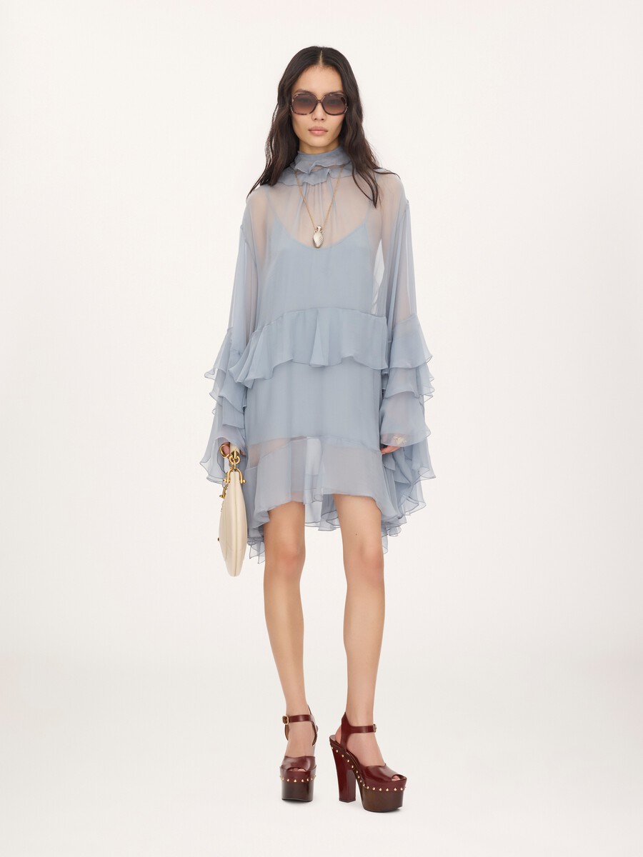 Ruffled mini dress in silk mousseline - 3
