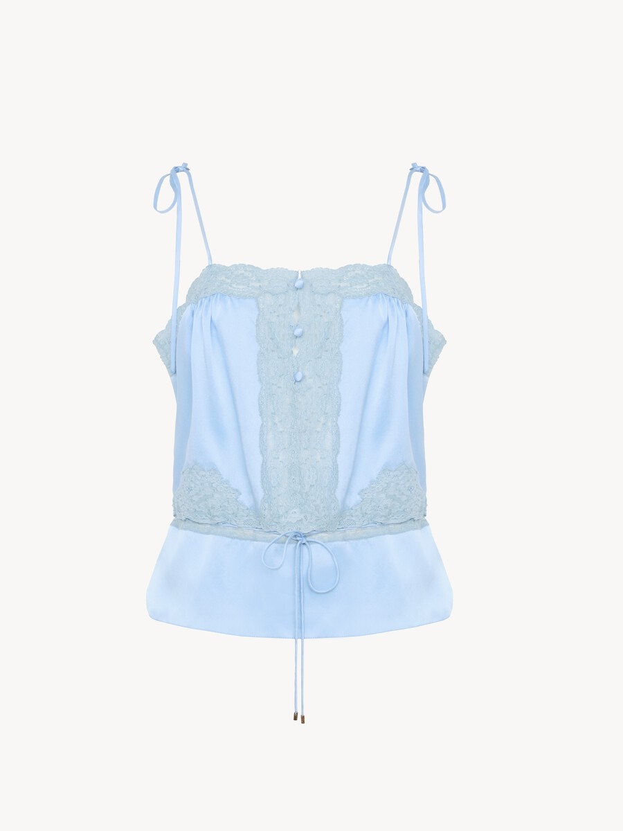 Drawstring camisole top in washed silk satin & lace - 2