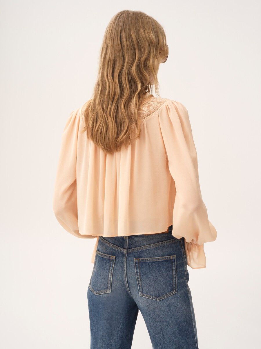 Scoop-neck cropped top in silk georgette & lace - 4