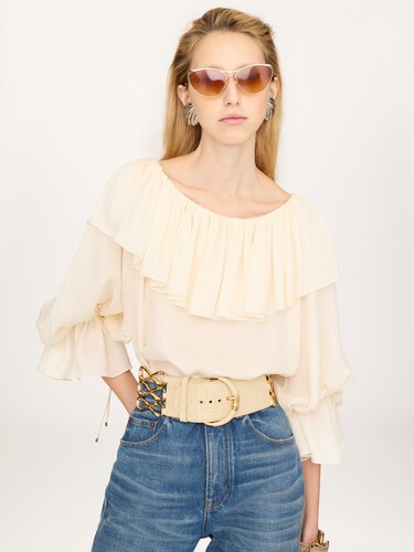 Top fluido con volantes de jacquard de seda - 4