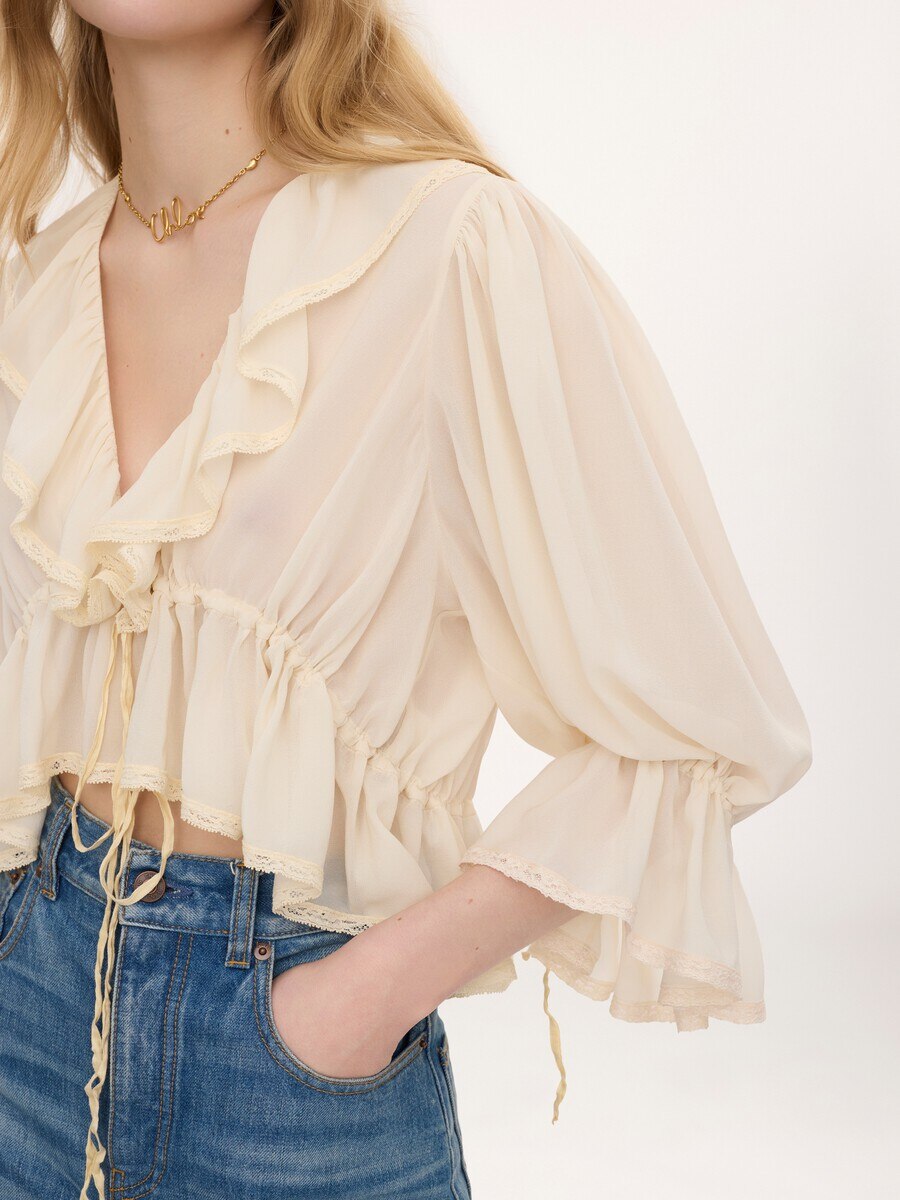 Cropped V-neck ruffle top in silk georgette & lace - 6