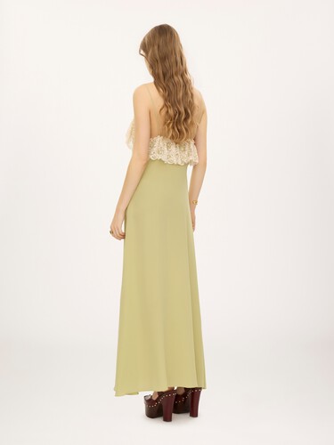 Thin-strap long dress in cr&ecirc;pe de chine & lace - 5