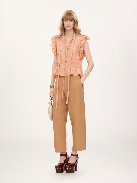 Short-sleeve ruffle top in washed silk habotai & lace