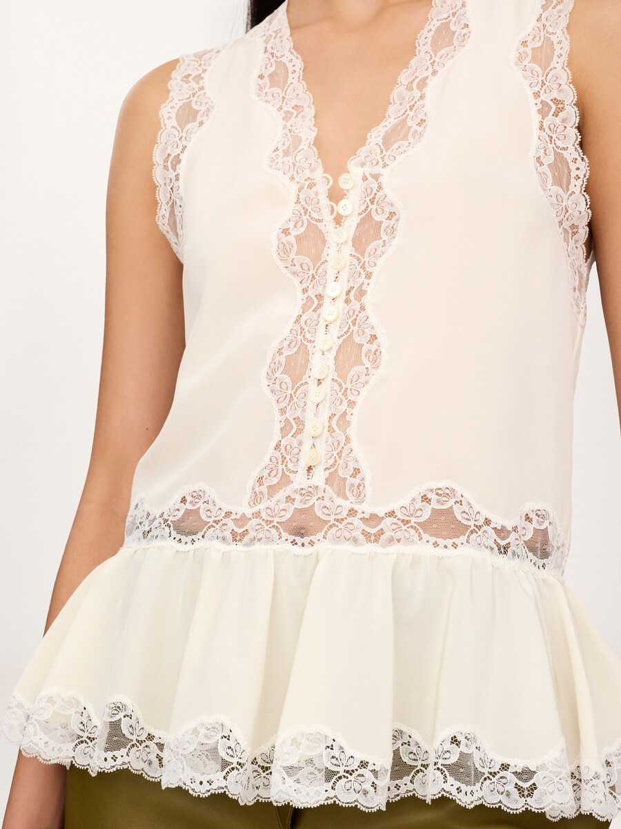 Top con p&eacute;plum sin mangas de crep&eacute; de seda china y encaje - 7