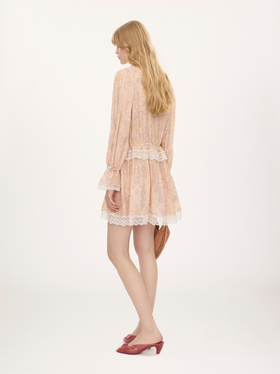 Puff-sleeve mini dress in silk charmeuse & lace - 5