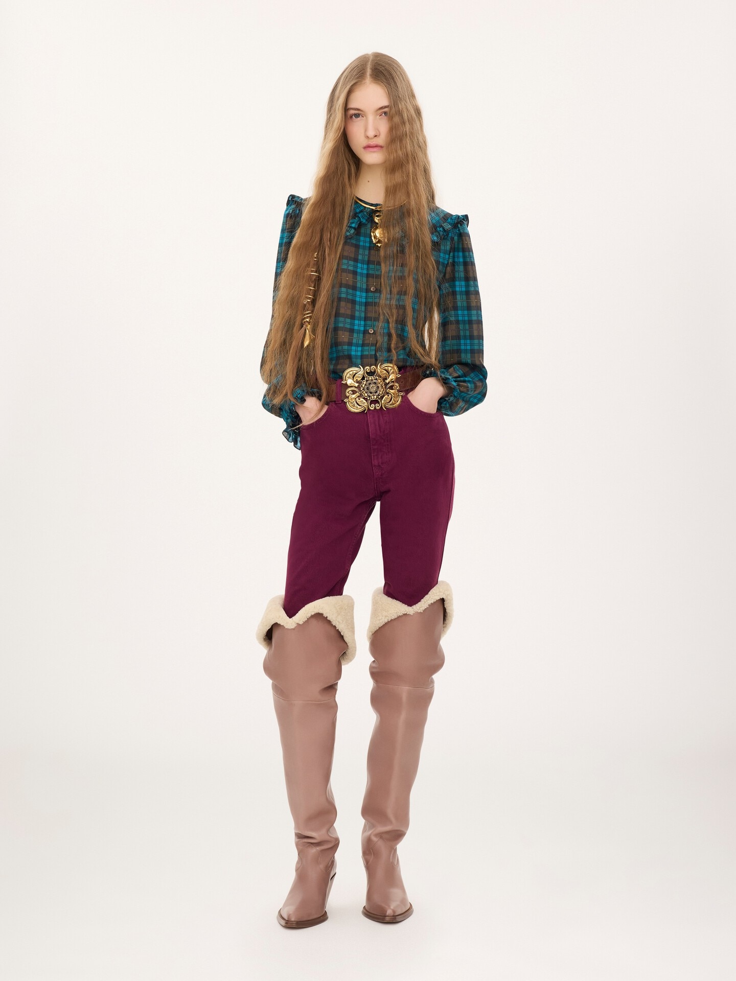 Ruffled lavalli&egrave;re blouse in check silk habotai - 1.0