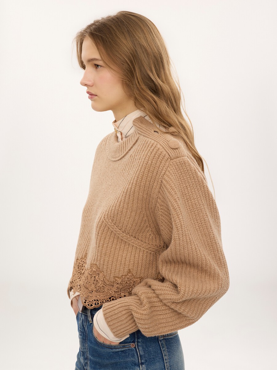 Cropped mock-neck sweater in a wool and cashmere knit & lace - 4