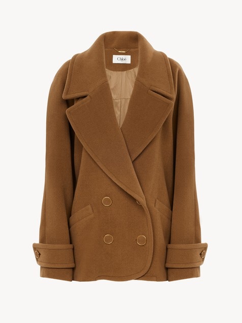 Double-breasted short coat in herringbone wool
