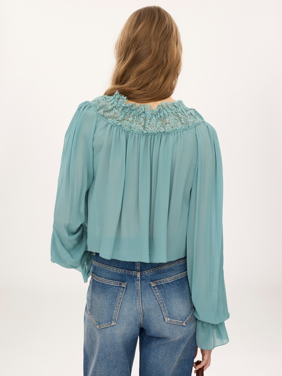 Top cropped de cuello redondo de georgette de seda y encaje - 6