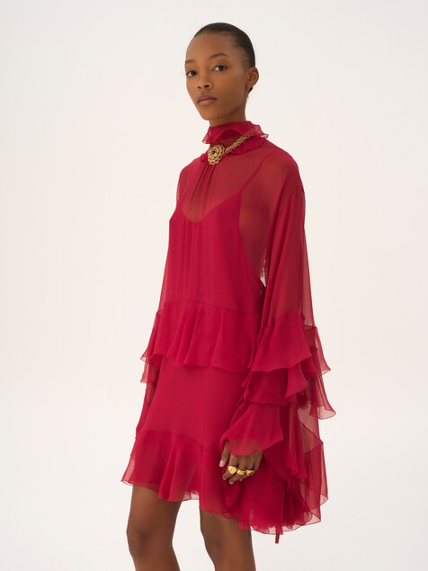 Ruffled mini dress in silk mousseline