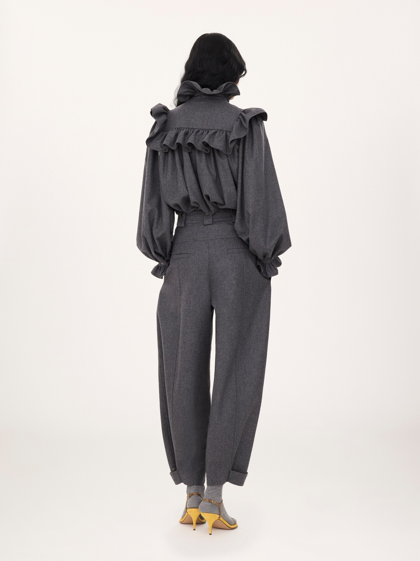 High-neck ruffle top in wool & cashmere flannel - 5.0