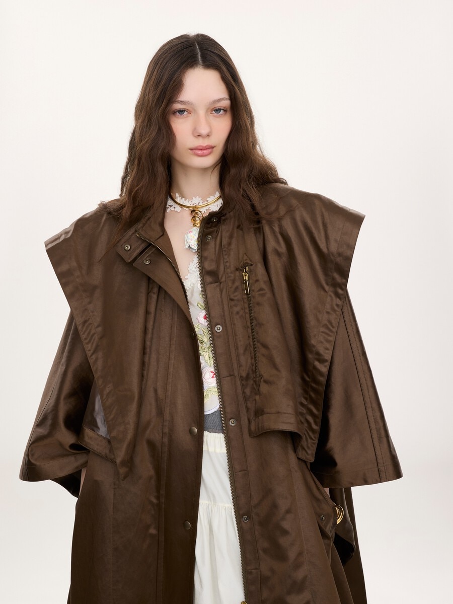 Hooded long cape coat in satin - 7
