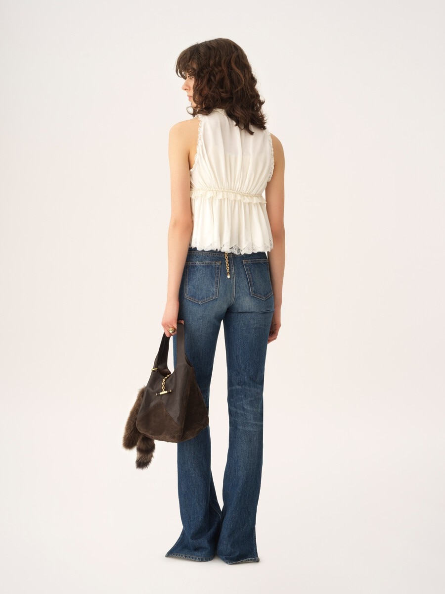 Tie-front sleeveless top in washed silk satin & lace - 4