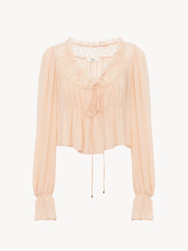 Scoop-neck cropped top in silk georgette & lace - 2