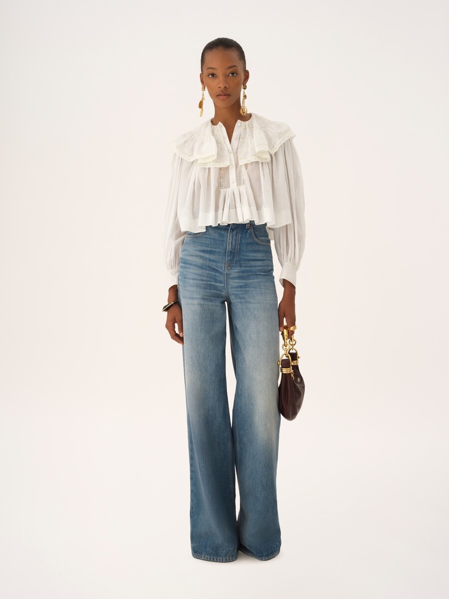 Cropped ruffle top in cotton voile & lace - 1
