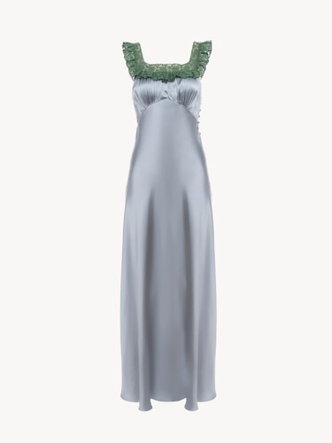 Sleeveless column dress in washed silk satin & lace - 2