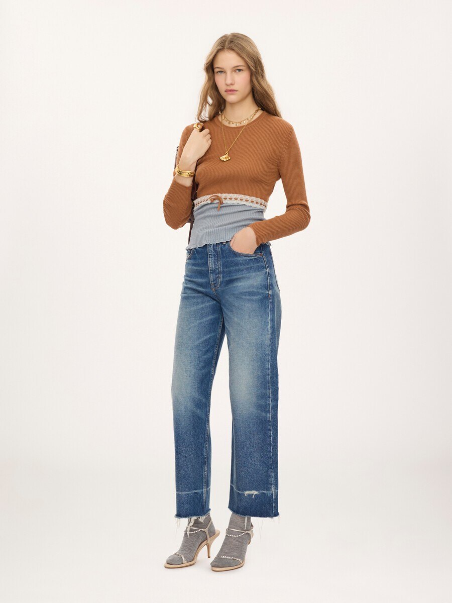 Jersey cropped ajustado de punto de lana y encaje - 3