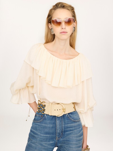 Top fluido con volantes de jacquard de seda