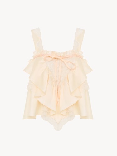 Sleeveless ruffle top in washed silk satin & lace - 2