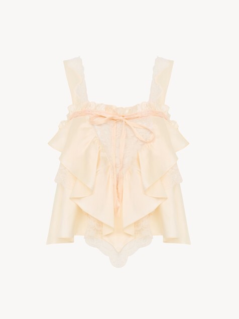 Sleeveless ruffle top in washed silk satin & lace