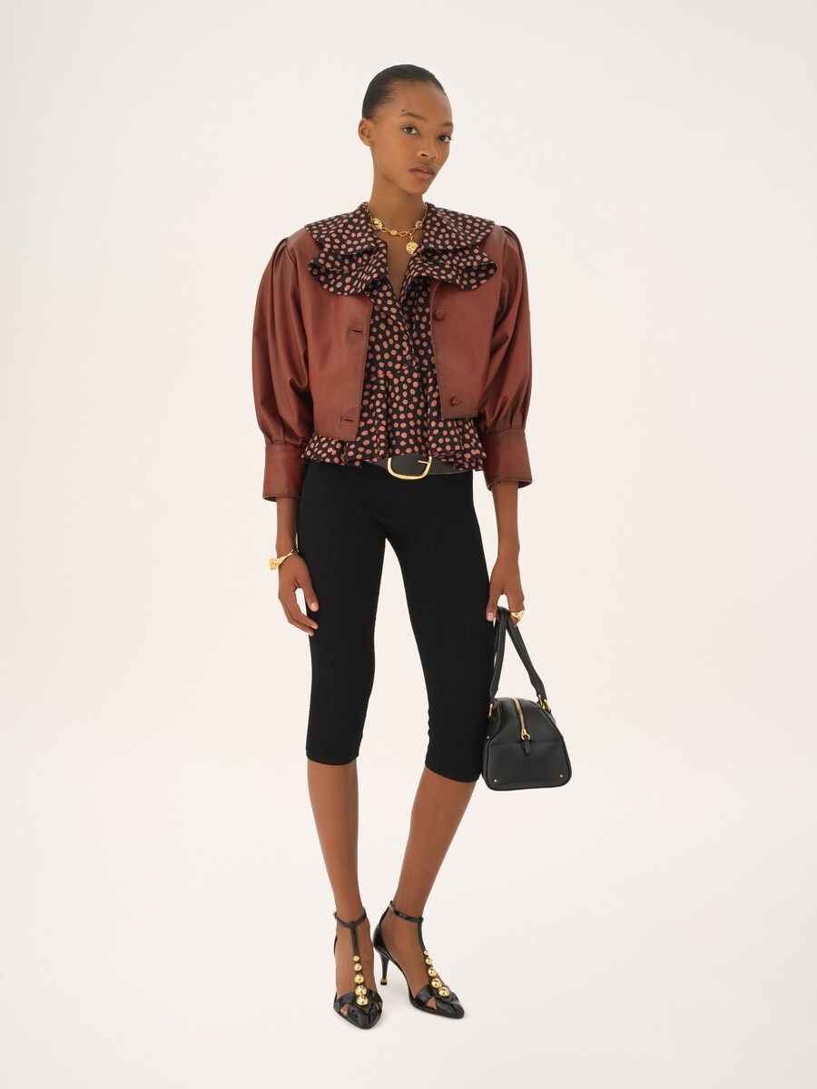 Cropped collarless jacket in leather - 3