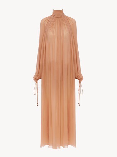 Mock-Neck Gathered Long Dress In Silk Georgette - 2