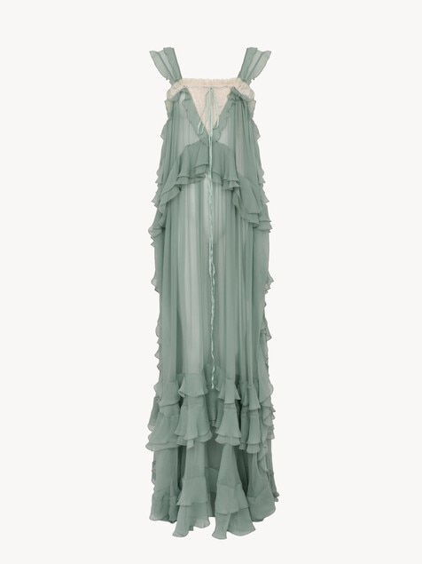 Sleeveless layered long dress in silk mousseline & lace