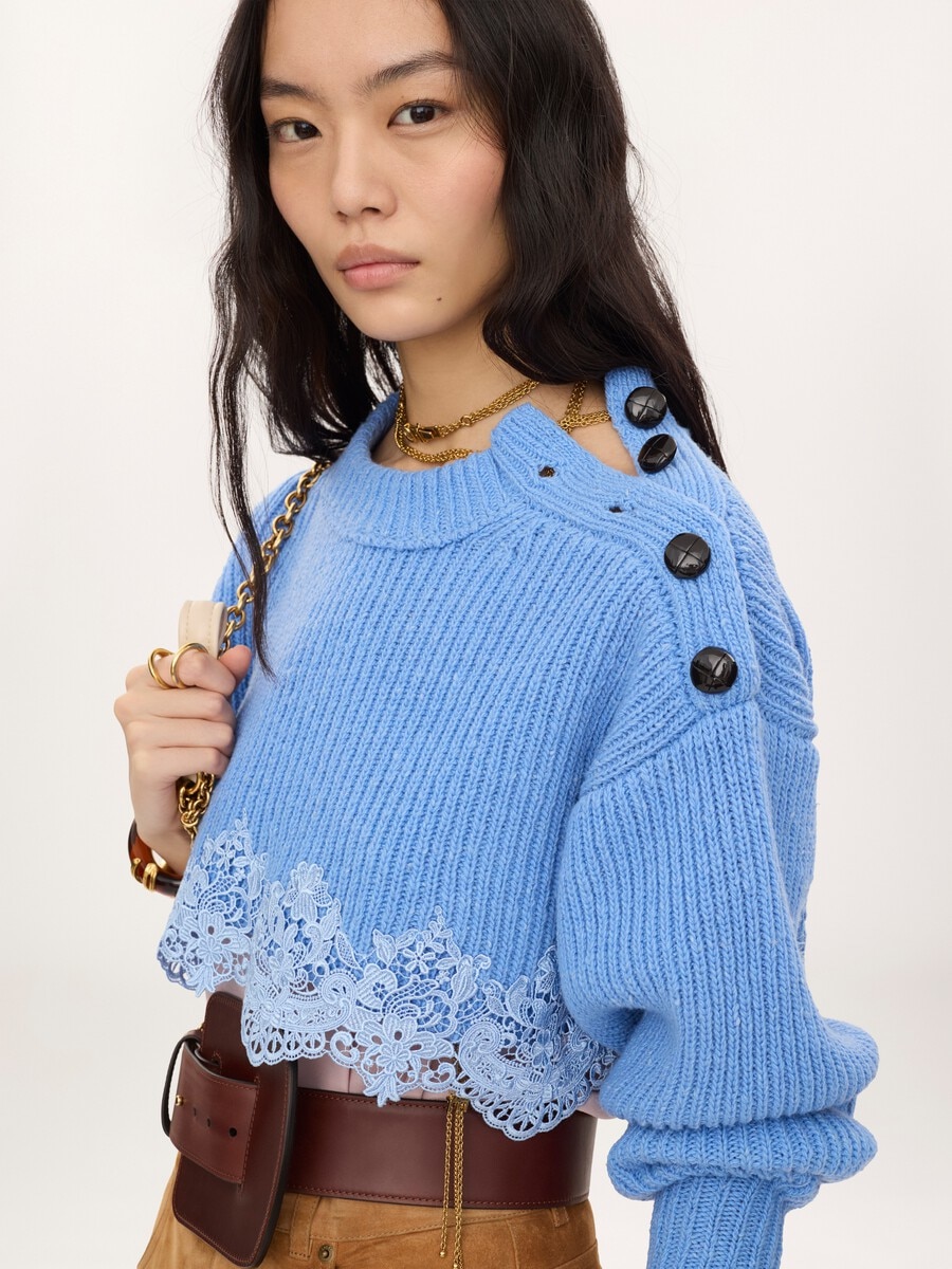 Pull court en maille de laine m&eacute;rinos et dentelle - 5