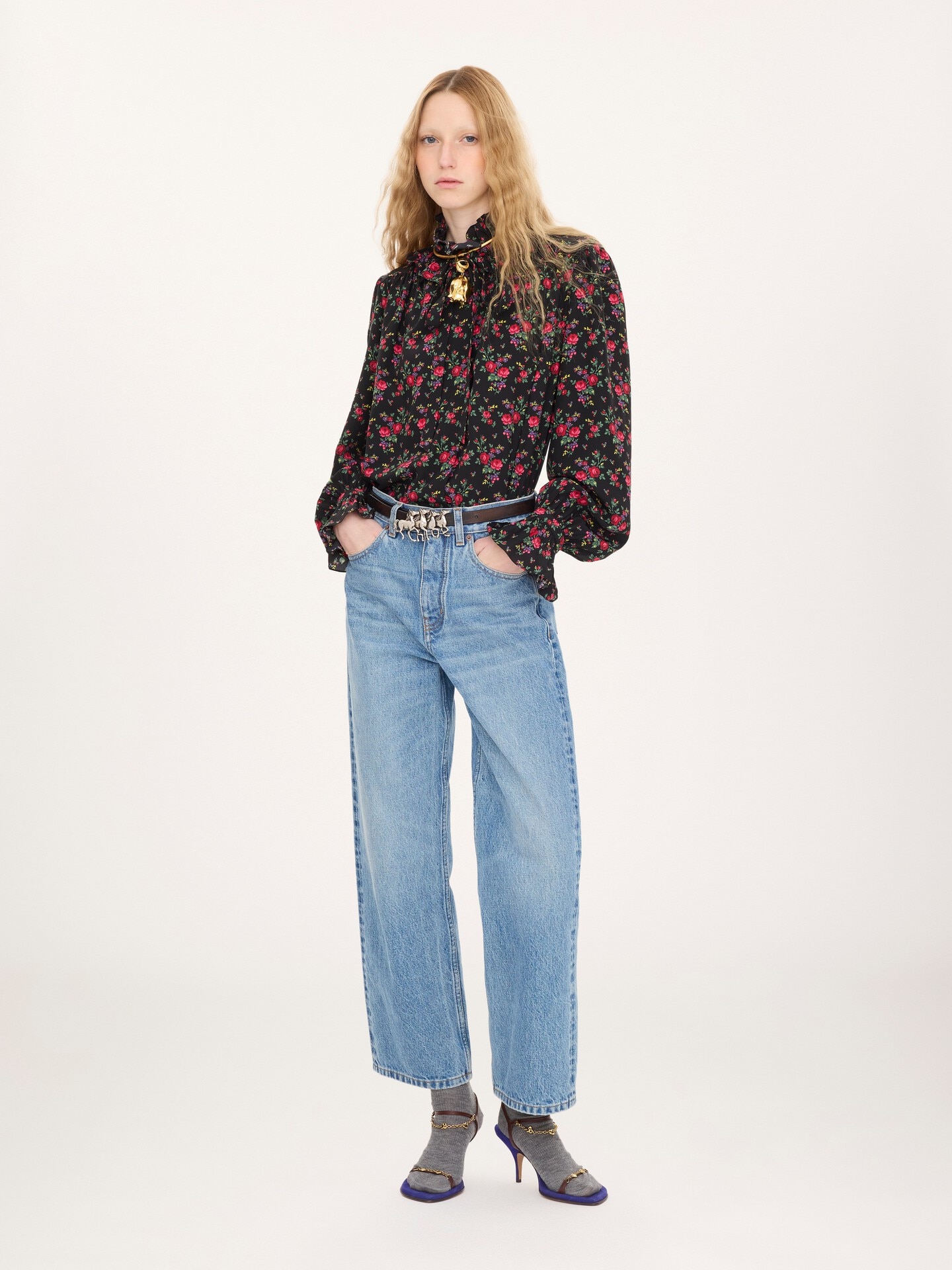 Tie-front ruffled blouse in cr&ecirc;pe de chine - 1.0