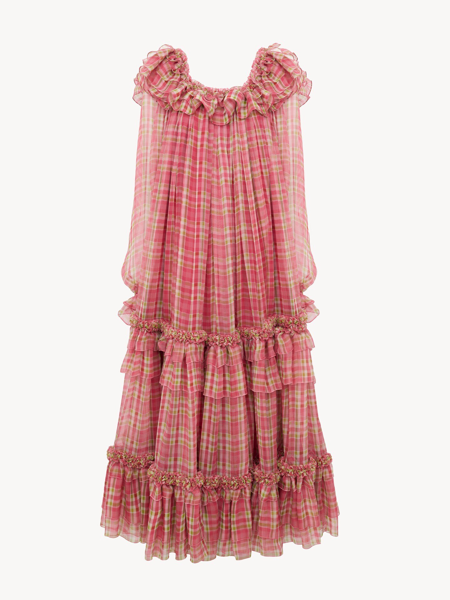 Square-neck midi dress in check silk mousseline - 2.0