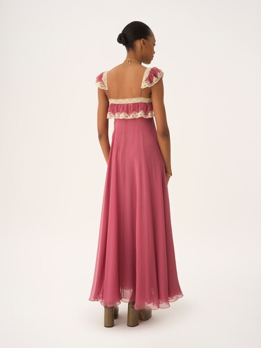 Fluid long dress in silk mousseline & lace - 6
